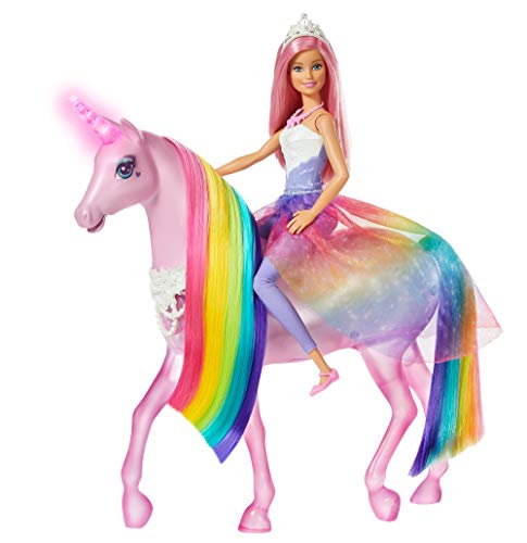 Barbie-FXT26 Dreamtopia Playset con Bambola e Unicorno Grande Che Si Illumina con Chioma da Pettinare, Giocattolo per Bambini 3+ Anni, única, FXT26