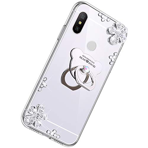 Herbests Compatibile con Xiaomi Mi 8 Custodia Ultra Sottile Silicone Protettiva Case Cover Specchio con Anello Bear Ring Supporto e Glitter Diamante a Strass Cover Custodia,Argento