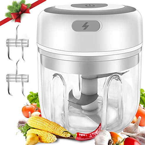 Gintan Schiaccia Aglio Elettrico Mini Tritatutto Elettrico Frantoio Elettrico Portatile Senza Fili con 3 Lame Affilate Robot da Cucina Smerigliatrice per Aglio,Dado,Alimenti per Bambini -250ML