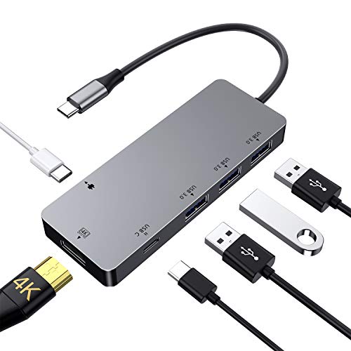 Hub USB C 6 in 1, Adattatore multiporta in Alluminio con HDMI 4K, 3 USB 3.0, 2 USB-C (Ricarica Rapida e trasferimento Dati) Samsung Dex Station Tipo C per MacBook PRO,MacBook Air, Samsung S9