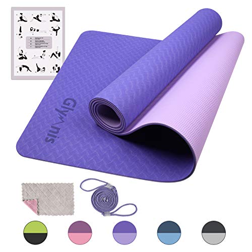 Glymnis Tappetino Yoga in TPE Tappetino da Yoga Antiscivolo a Doppia Faccia e Impermeabile Dimensione di 183 × 61 × 0.6 cm con Cinturino, Adatto per Yoga, Ginnastica, Allenamento Viola Scuro-Viola