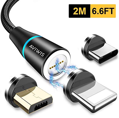 Cavo Magnetico USB, AVIWIS 360° Design 3 in 1 Micro USB Tipo C IP Magnete Cavo Caricatore Forma di Palla Cavo di Ricarica e Sincronizzazione per Android Samsung, Huawei, Xiaomi, (2m, Nero)