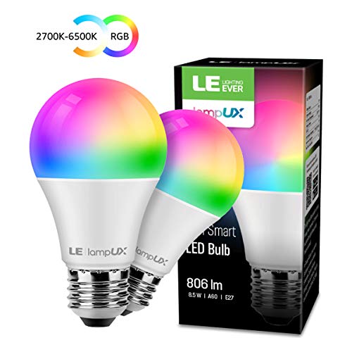 LE Alexa Lampadina LED RGBW E27, 8.5W (=60W), LED Lampadina Intelligente RGB + Bianco Regolabile 2700K-6500K, Smart Lampadine Multicolore Compatibile con Alexa/Google Home, 2.4GHz WiFi, 2 Pezzi