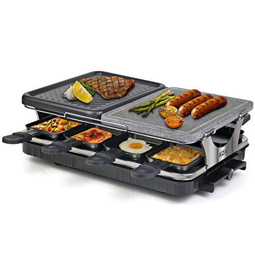 Raclette 8 Persone Griglia Raclette 2 In 1 con Pietra Ollare, Piastra per Raclette con 8 Mini Padelle e 4 Spatole in Legno, 1300W