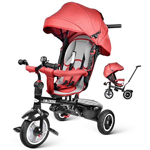 besrey Triciclo Bambini 7 in 1 Triciclo con Maniglione Triciclo a Spinta Triciclo Passeggino con Seggiolino Rversibile da 6 Mesi a 6 Anni ,Rosso+Parapioggia Gratis