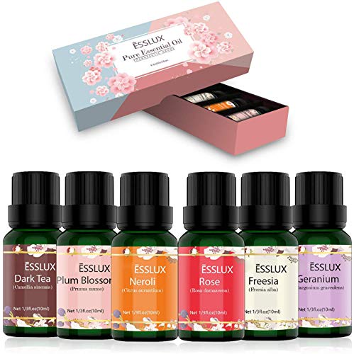 Olio Essenziale Naturali, ESSLUX Fiori Oli Essenziali Per Diffusori, Oli Essenziali Naturale & Puri 100% (Neroli, Geranio, Rosa, Fresia, Tè scuro, Fiore di prugna)