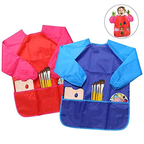 2 Pezzi Grembiule Pittura Bambini, BELLESTYLE 2 Pack Grembiulino Scuola Grembiule Pittura Maniche Lunghe per Bambini 3-6 Anni (Blu & Rosso) (Blue and Red)