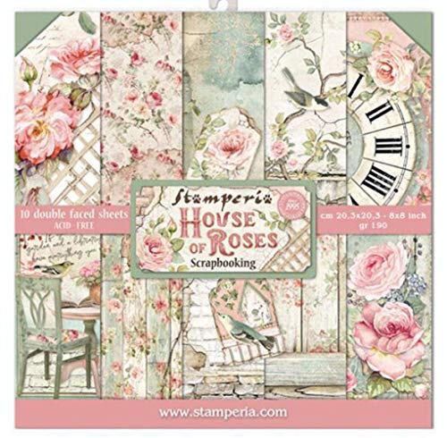 STAMPERIA Blocco di Carta, 10 Fogli, 20,3 x 20,3 cm, Double Face, Motivo House of Roses, Multicolore, 20.3 x 20.3 (8