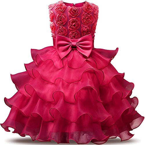 NNJXD Vestito da Ragazza Festa in Pizzo per Bambini Abiti da Sposa Taglia(140) 7-8 Anni Fiore Colore rosa
