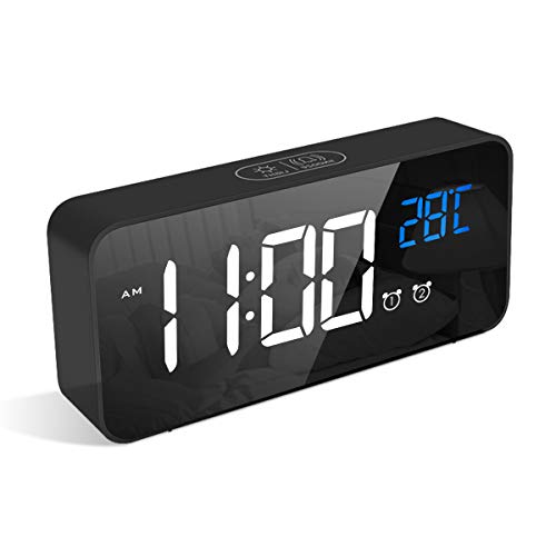 LATEC Sveglia Digitale con LED Temperatura Display Orologio con 13 Suoni di Allarme Porta di Ricarica USB Dimmer di Luminosità Regolabile a Sonnellino Allarme Specchio Portatile con Doppio Allarme