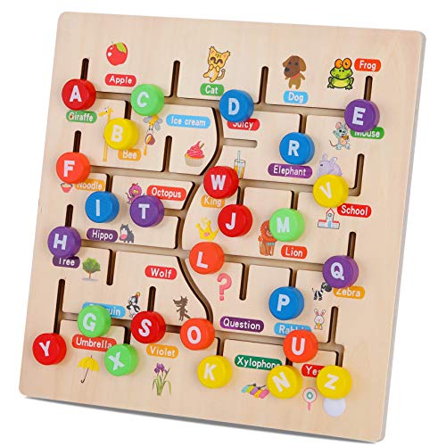 AiTuiTui Scheda di Labirinto Alfabeto in Legno, 26 Lettere Giochi di Abbinamento Giocattoli per l'apprendimento attività di abilità motoria precoce con Illustrazioni Carine per Regali per Bambini