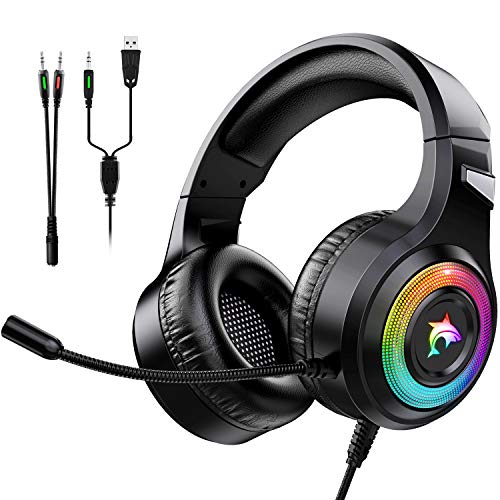 Cuffie Gaming per PS4 Cuffie da Gaming con Microfono e Bass Stereo Cuffie da Gioco con 3.5mm Jack LED e Controllo Volume Gaming Headset per PS5/Xbox One/Switch/PC/Mac/Laptop/Tablet (Blu)