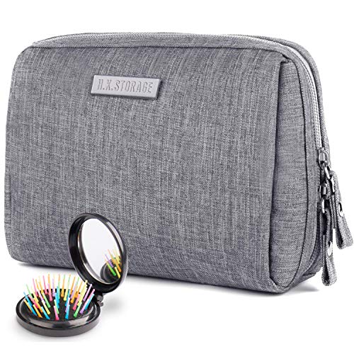 Icnow Mini Trousse,Trousse Make up Viaggio Impermeabile Borsa Trucchi Cosmetici,Organizzatore Piccola Borsa Rettangola per Donna e Ragazza(Grigio,con Pettine a Specchio Pieghevole)