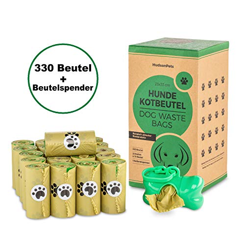HudsonPets 330 sacchetti per cani, biodegradabili ed ecologici, in amido di mais, con dispenser per sacchetti con clip, sacchetti grandi: 33 x 23 cm, a tenuta stagna e antistrappo