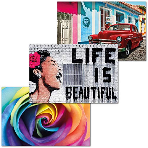 GREAT ART Set di 3 Poster XXL - Life is Beautiful - Banksy Cuba Oldtimer Arte Rosa Arcobaleno Illustrazione Pianta Fiore Decorazione Murale Immagine cadauno 140 x 100 cm