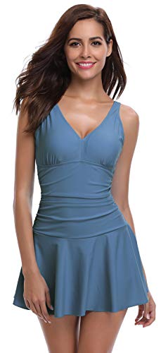 SHEKINI Donna Costume da Bagno con Gonna One Piece Bikini Imbottito Vintage Costume Intero con Coppe Soffici Solido Dimagrante Skirted Swimwear Costume Mare Modellante (XX-Large, Haze Blue)