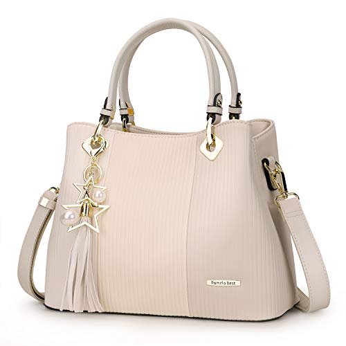 Pomelo Best Borsa a mano Donne Pelle Spalla Tracolla Tote Frangia in PU con Decorazione argento (Beige)