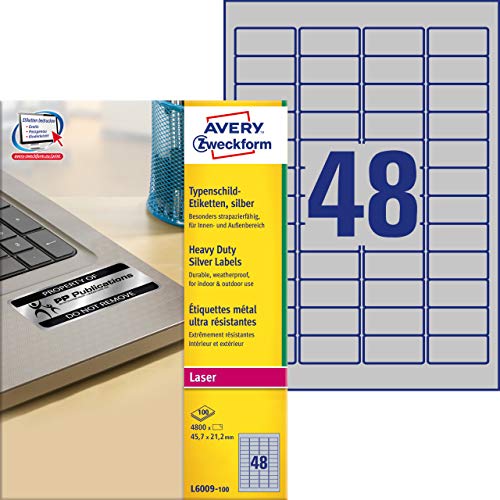 Avery L6009-100 Etichette Ultra Resistenti Poliestere, 100 ff, 45.7 x 21.2 mm, Argento