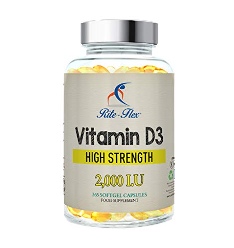Rite-Flex Vitamin D3 2000IU (50μg) per supporto osseo - sistema congiunto e immunitario | Non-GMO e gluten-free da 2X a 2.000 UI - 365 softgel facili da inghiottire
