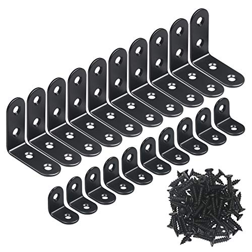 LANMOK Staffa Angolare in Acciaio,20 PCS Staffa Angolare con Viti Nero Viti di Fissaggio Tavoli Armadi Letti Porte in Legno Contenitore Trasparente Artigiani Fai da te Piccole Riparazioni