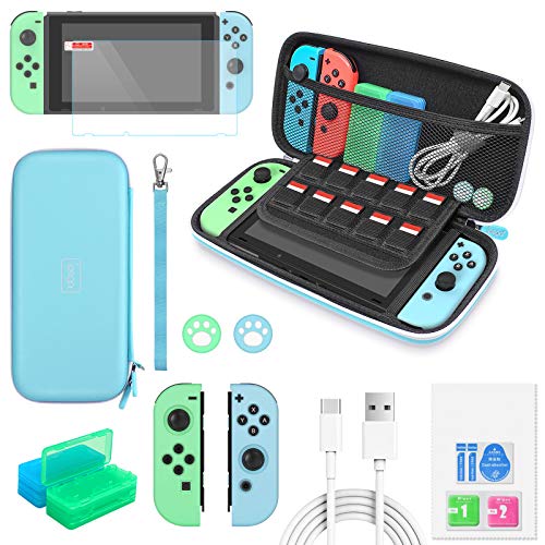 Auarte 12 in 1 Accessories for Nintendo Switch Animal Crossing, Crarrying Case, Screen Protector, JoyCon Silicone Case, Thumb Grip, Game Card Case and Type C Cable (blu)