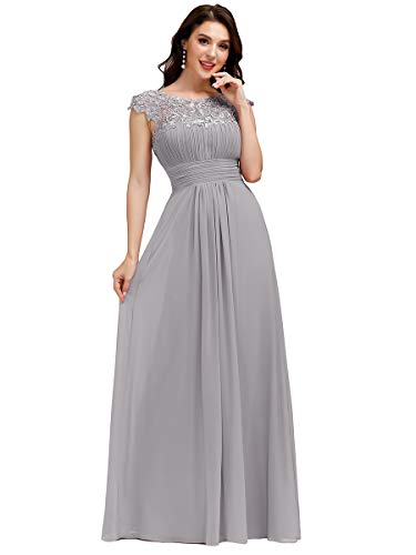 Ever-Pretty Abito da Sera Donna Girocollo Maniche Corte Pizzo Chiffon Lungo Grigio 36