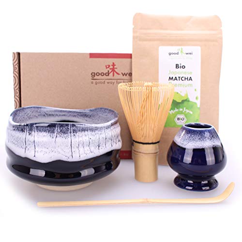 Goodwei Set di Matcha Completo - Tazza Cerimoniale con frusta e cucchiaio di bambù - incl. Tè Matcha Biologico Giapponese (Kori)