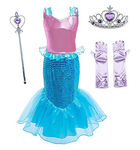 Le SSara Vestito da Cosplay per Ragazze con Sirena Principessa Ariel Costume Paillettes con Accessori per Bambini (150(9-10 Anni), D76+Pur1)