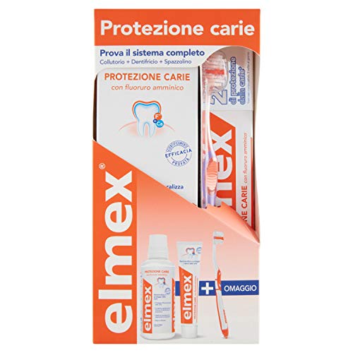 elmex 3-in-1, Pack Igiene Orale con Dentifricio, Spazzolino da Denti e Collutorio per la Protezione dalla Carie