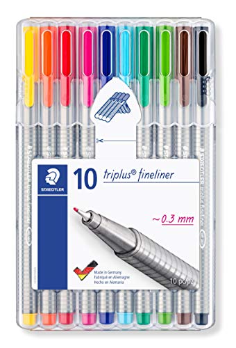 STAEDTLER penne colorate Triplus Color, punta fine rinforzata in metallo 0.3mm, tratto sottile, fusto triangolare ergonomico, colori brillanti ideali per bambini, confezione da 10 fineliner, 334 SB10