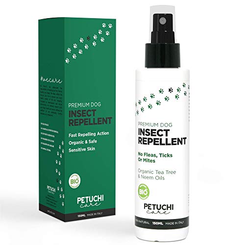 PETUCHI Repellente per Insetti Naturale per Cani; Spray BIO con Olio Essenziale di Tea Tree e Olio di Neem; 150 ml