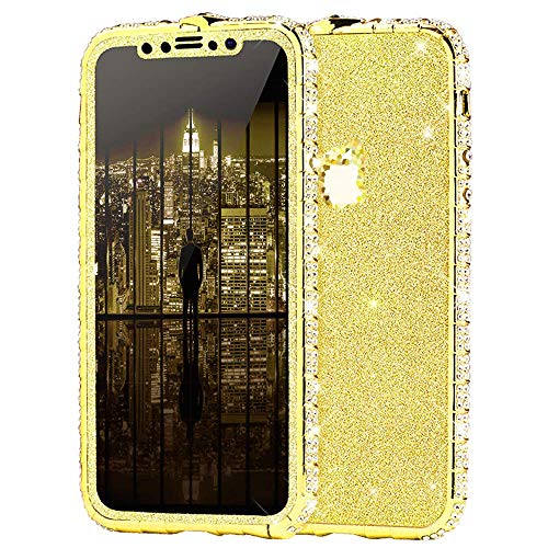Surakey Cover Compatibile con iPhone 7 Plus Custodia Glitter Bling Paillettes Bordo in Metallo Bumper con Brillantini Diamante Moda Anti-Scratch Cover per iPhone 7 Plus,Oro