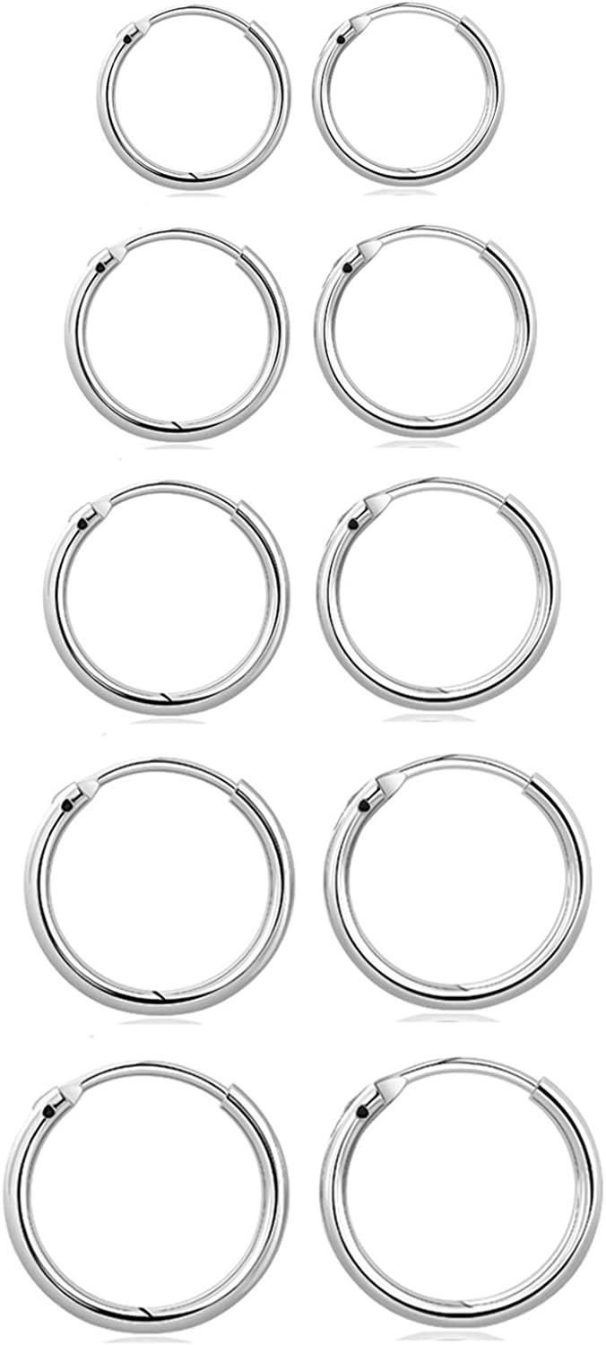 Mannli - Set di 5 paia di orecchini a cerchio in argento Sterling 925 per donne e uomini piccoli, rotondi, ipoallergenici, 8/10/12/14/16 mm, in argento e oro