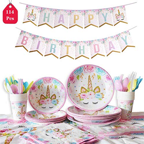 Amycute 114 Pezzi Unicorno Party Kit Compleanno,Set di Articoli per Feste Unicorno per Bambini Ragazze Festa di Compleanno Baby Shower Serve 16 Ospiti