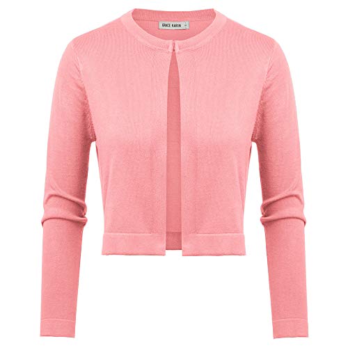 GRACE KARIN Cardigan Corta Bolero Maglioni Casual Maniche 3/4 Collo Scollo Giro Rosa S Cl10942-5