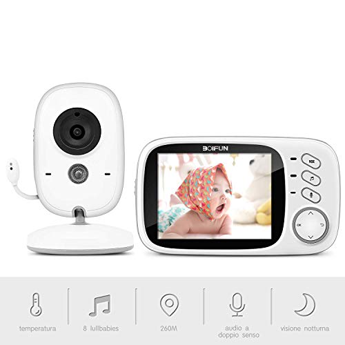 Baby Monitor, Videocamera BOIFUN con schermo da 3.2 '' 750mAh Supporto batteria ricaricabile VOX Visione notturna Visione di temperatura 8 ninne nanne per bambino/anziano/animale domestico