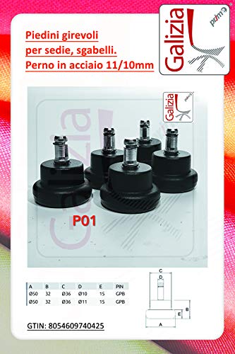 GALIZIA Kit Piedini GIREVOLI per Sedia, Sgabello E Poltrona da Ufficio (Perno 10mm)