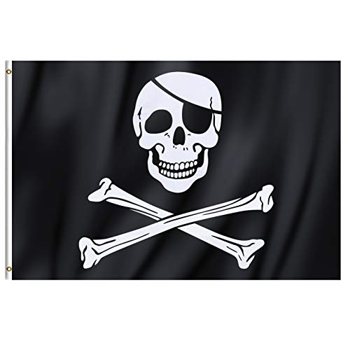 TRIXES Grande Bandiera dei Pirati Jolly Roger con Teschio e tibie Incrociate, 90 x 150 cm con Anelli, vessillo appendibile per Feste a Tema Decorazione Nave Fantasma
