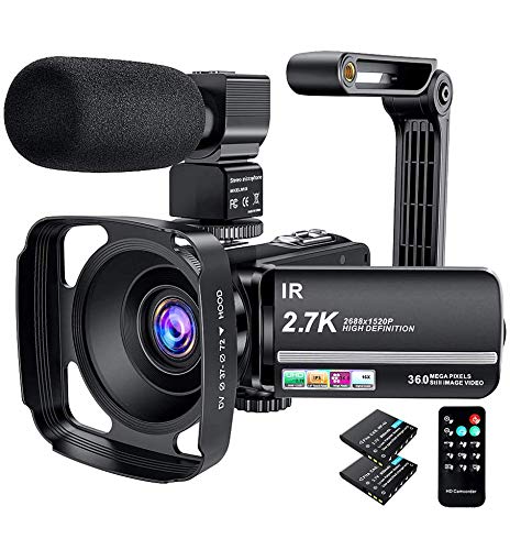 Videocamera 2.7K Videocamera digitale UHD 36MP Zoom digitale 16X Zoom notturno Videocamera touch screen IPS da 3 pollici con microfono, paraluce e supporto per videocamera