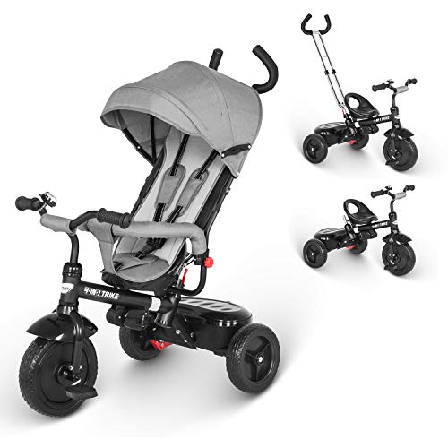 besrey 4 in 1 Triciclo Passeggino per Bambini Triciclo con maniglione Triciclo a Spinta con Tetto apribile 12 Mesi a 5 Anni  (Grigio)…