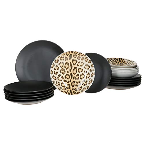 MamboCat Leopard Lampart, set di piatti da 18 pezzi, colore nero, per 6 persone, stoviglie stravaganti in grès con motivo leopardato, piatti piani, piatti fondi, piatti da dessert, 18 pezzi