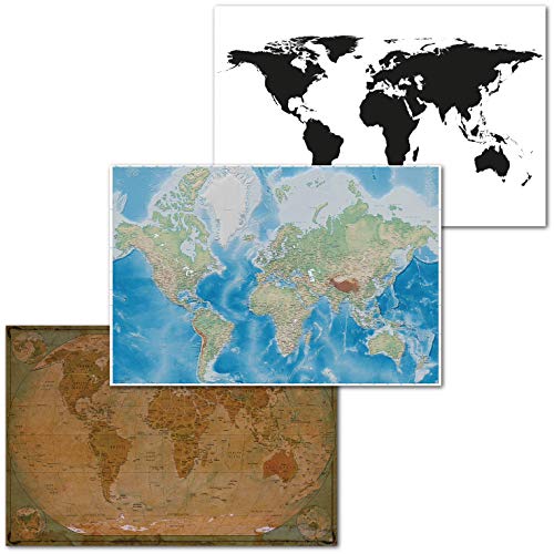 GREAT ART Set di 3 Poster XXL - Mappe del Mondo Mix - Proiezione Storica Mercator Globo Bianco Nero Atlante Continenti Decorazione da Parete Immagine cadauno 140 x 100 cm