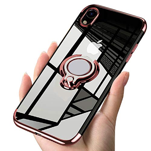 kadixini Custodia Cover per iPhone XR Trasparente Morbido TPU Protettivo Sottile Case 360° Ring Regolabile Anello Magnetica Supporto Silicone Custodia Antiurto Compatibile con iPhone XR Oro Rosa