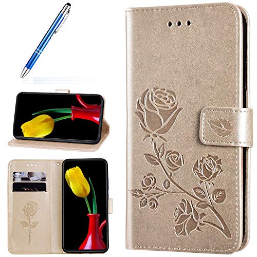 Robinsoni Cover Compatibile con Huawei Honor 8C Case Scintillare Glitters Lucido Portafoglio Libro Custodia Retro 3D Rosa Stampato Pelle PU Libretto Cover Foglio Flip Magnetica Fiore Caso, Oro