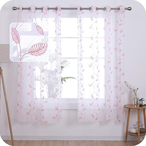 UMI. by Amazon Tende Trasparenti in Voile Foglia Ricamata per Salotto Moderne con Occhielli 140x175cm Rosa 2 Pannelli