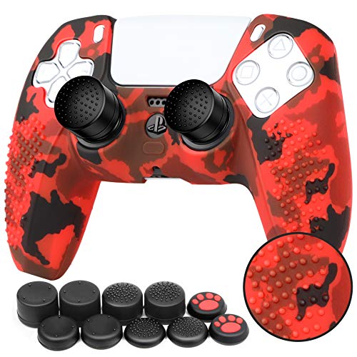 Benazcap Cover Skin in Silicone Antiscivolo per Controller PS5 Grip Skin x 1 (Camouflage Rosso) con Attacchi PRO FPS Gommini Joystick Thumb Grip Attacchi x 10 (5 Paia)