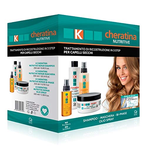 K-Cheratina Kit Nutritive - Trattamento Professionale Capelli Secchi - Contiene lo Shampoo Ricostruzione, lo Spray Bifasico, la Maschera all'Acido Ialuronico e l'Olio Spray Ultra-Nutriente