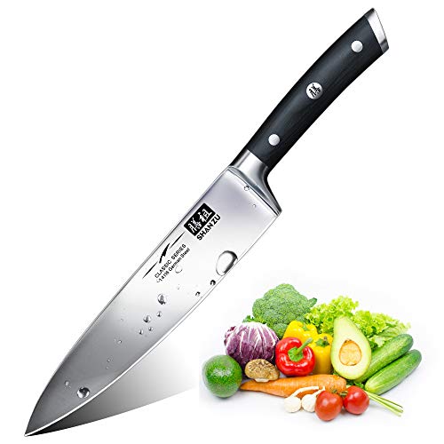 SHAN ZU Coltello da Cucina 20cm, Coltelli da Chef Professionale, Coltello da Cuoco Lama Acciaio Inossidabile Tedesco da 8'', Manico Ergonomico in Legno, Adatto per Tagliare Verdure, Carne e Frutta