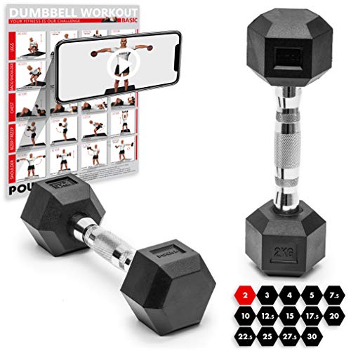 POWRX - Manubri Pesi esagonali gommati 15 kg Set (2 x 7,5 kg) + PDF Workout (Nero)