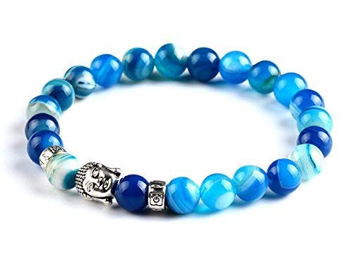 Bracciale Buddha Zen Yoga Unisex in Agata Blu, Pietre Dure Naturali, Elastico 19 cm, Fatto a Mano